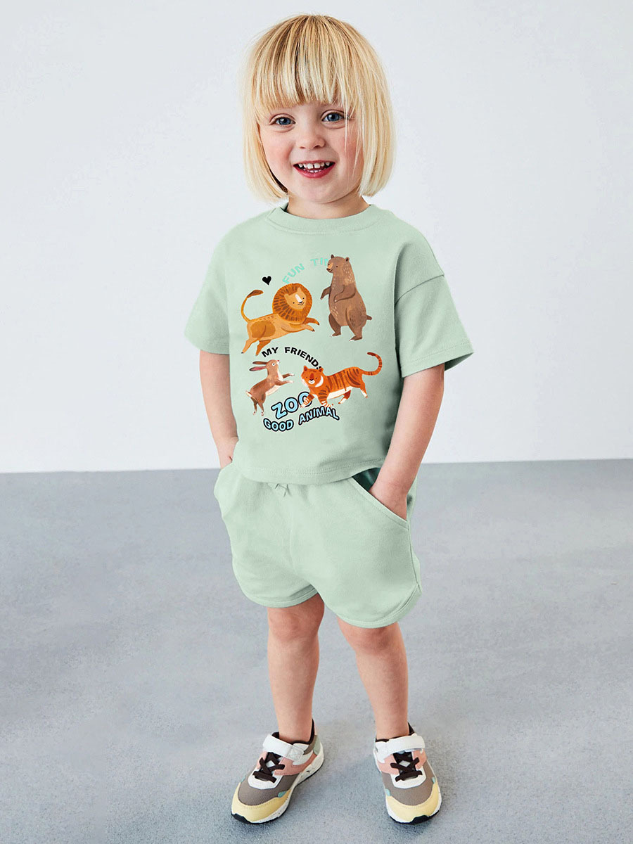 歐美燙畫卡通動物純棉女童套裝