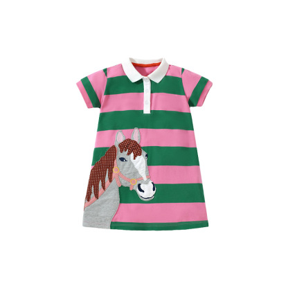 袖條紋純棉女童連衣裙