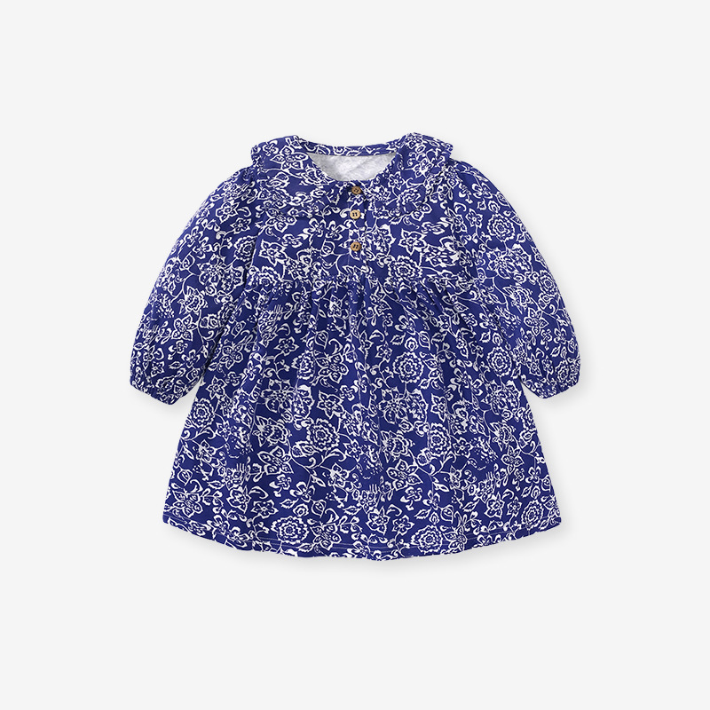 秋季長袖平紋布純棉女孩連身裙