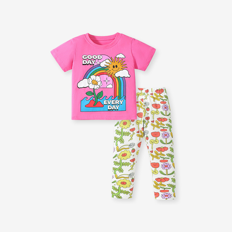 夏季條紋卡通棉質女童套裝