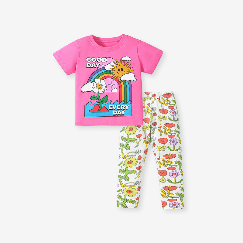 夏季條紋卡通棉質女童套裝