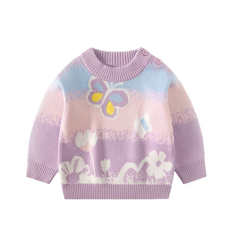 【新款】女童漸層色蝴蝶繡花雙層毛衣
