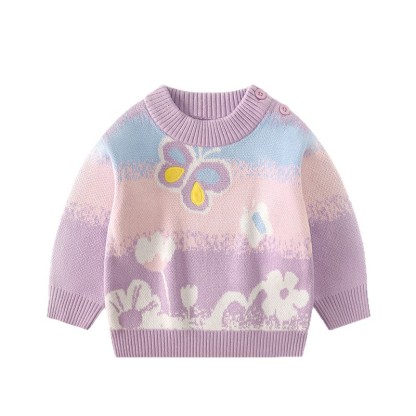 【新款】女童漸層色蝴蝶繡花雙層毛衣