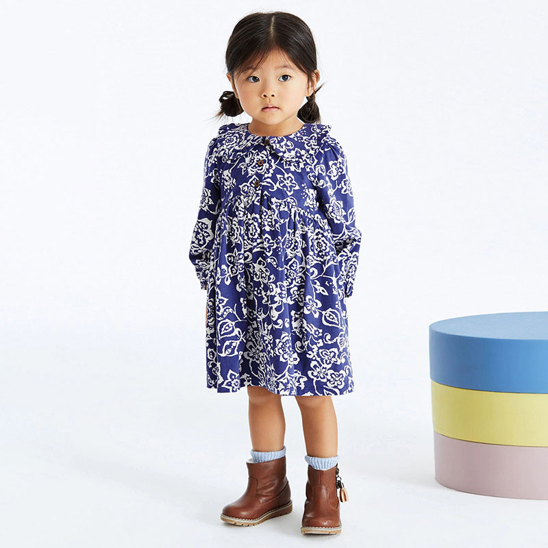 秋季長袖平紋布純棉女孩連身裙