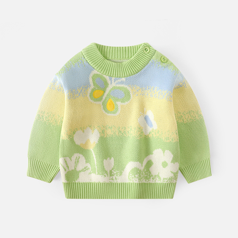 【新款】女童漸層色蝴蝶繡花雙層毛衣