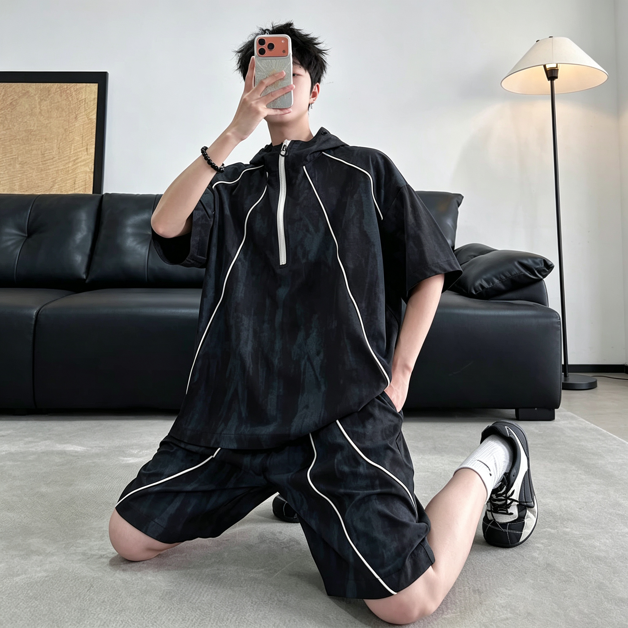 【套裝】美式復古扎染男女連帽半拉鍊短袖+運動休閒短褲兩件套