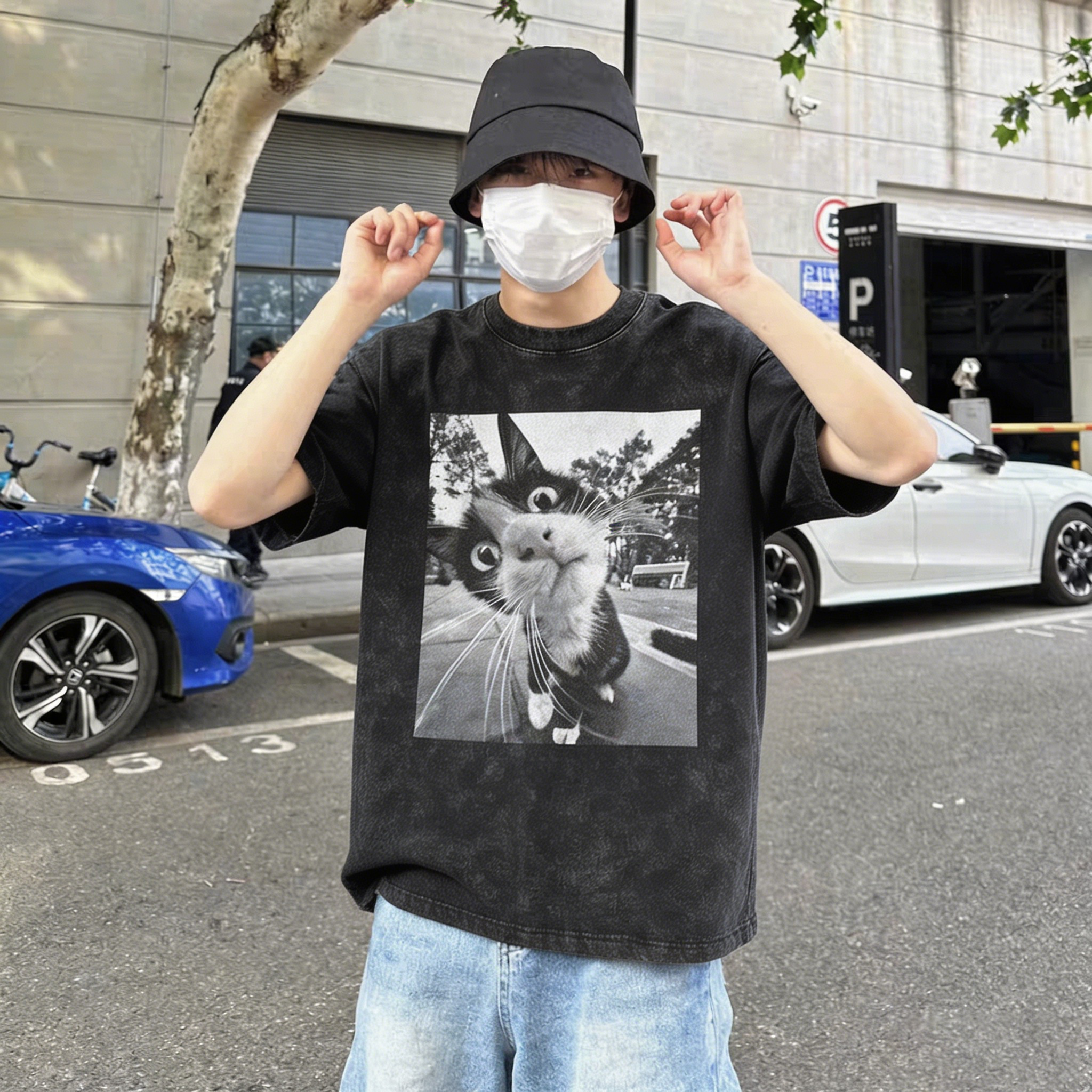 重磅古惑仔貓咪印花水洗黑潮流復古純棉T恤