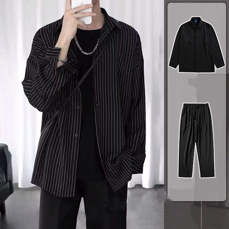【單件/套裝】帥氣百搭條紋長袖襯衫寬松休閑九分褲兩件套裝