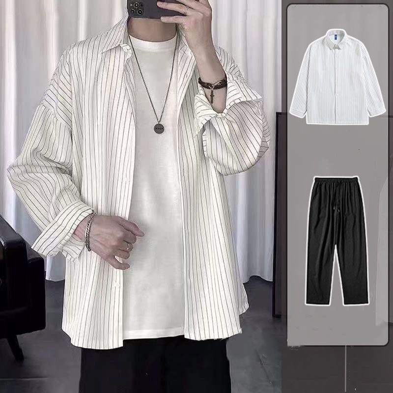 【單件/套裝】帥氣百搭條紋長袖襯衫寬松休閑九分褲兩件套裝