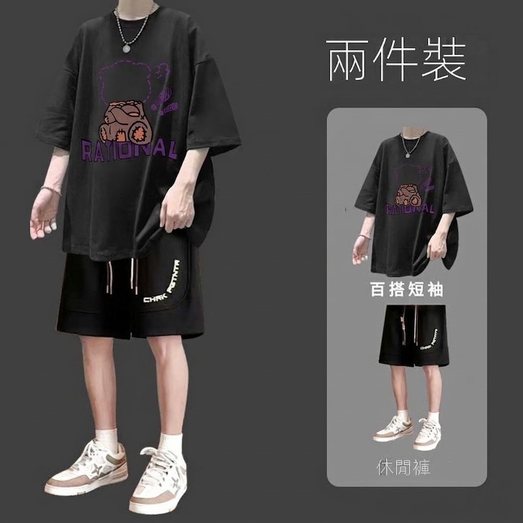 【單件/套裝】休閒百搭潮流寬鬆印花短袖T恤+短褲兩件套裝