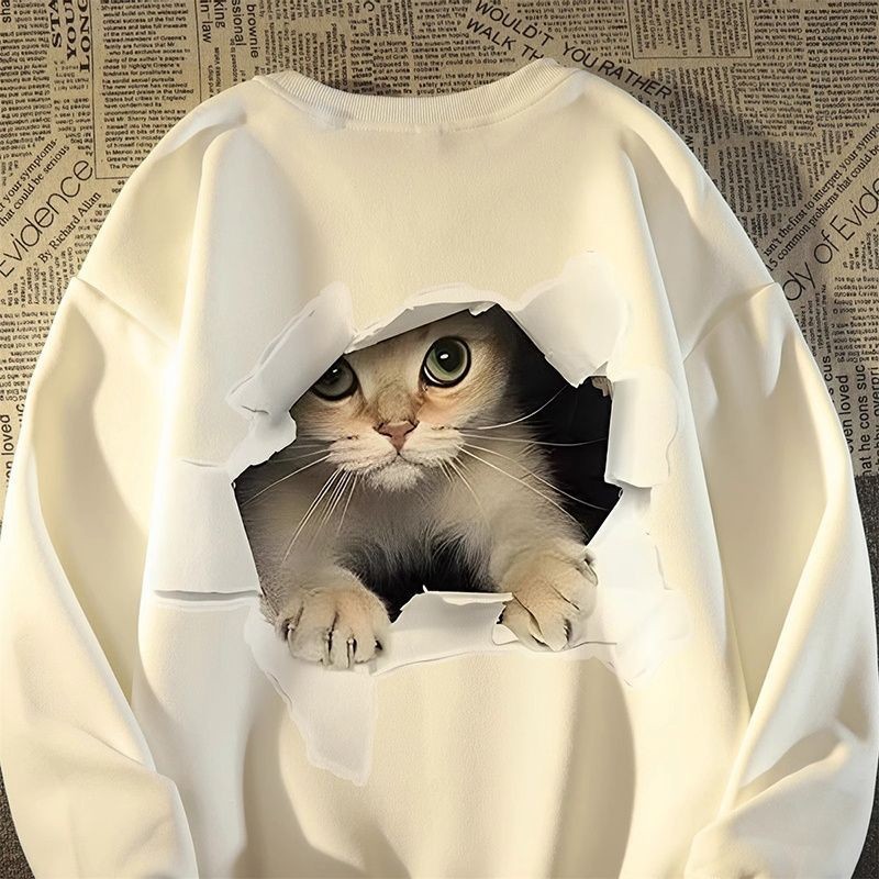 潮牌趣味貓咪印花復古長袖衛衣