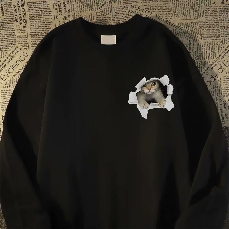 潮牌趣味貓咪印花復古長袖衛衣