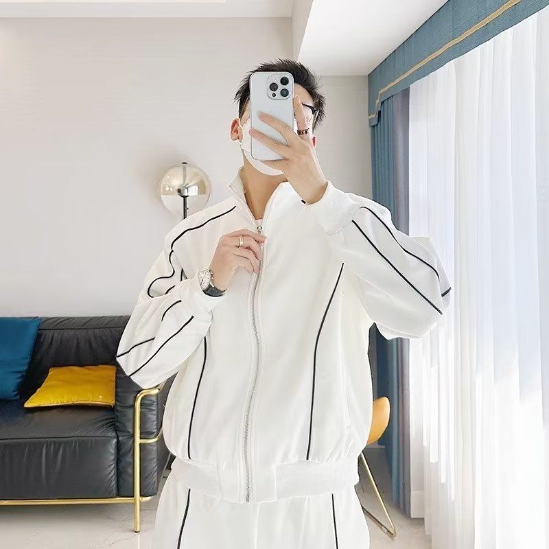 【整套】撞色輯明線立領寬鬆痞帥外套+休閒闊腿運動褲兩件套