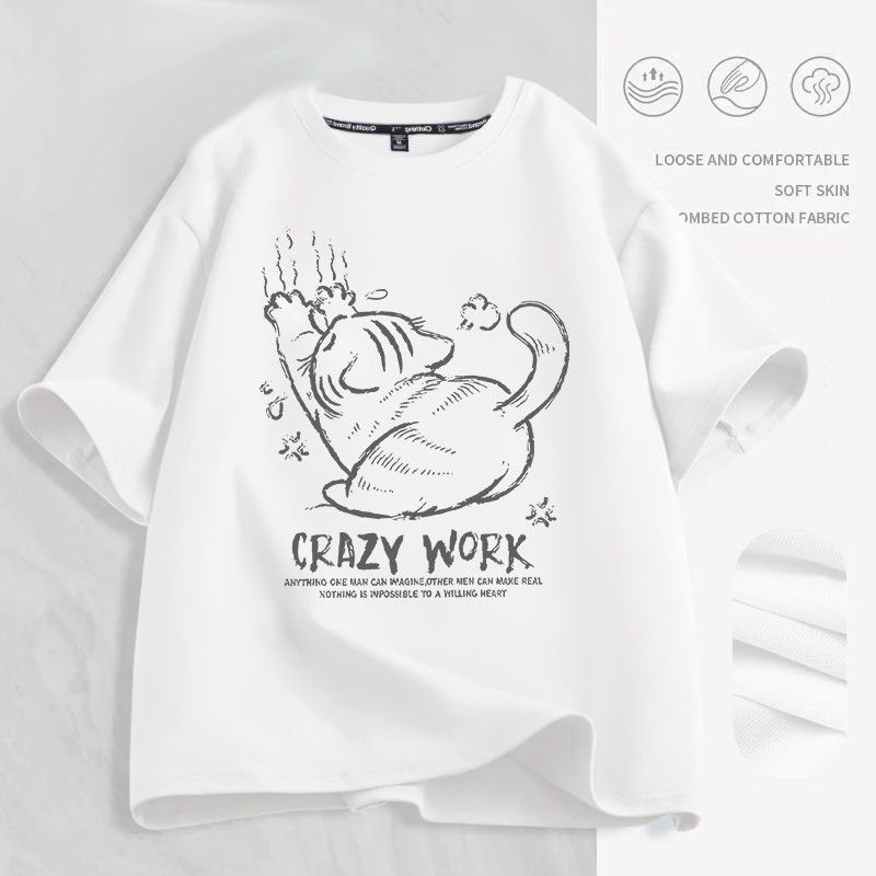 慵懶風貓咪印花純棉寬鬆正肩情侶短袖T恤