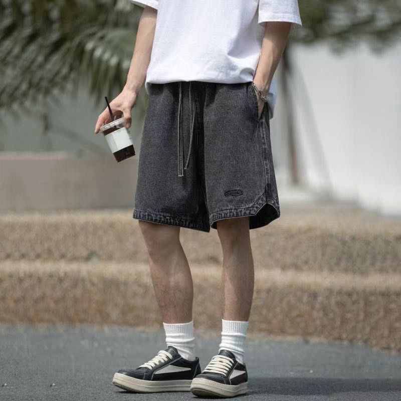 美式復古水洗直筒刺繡休閒五分牛仔短褲