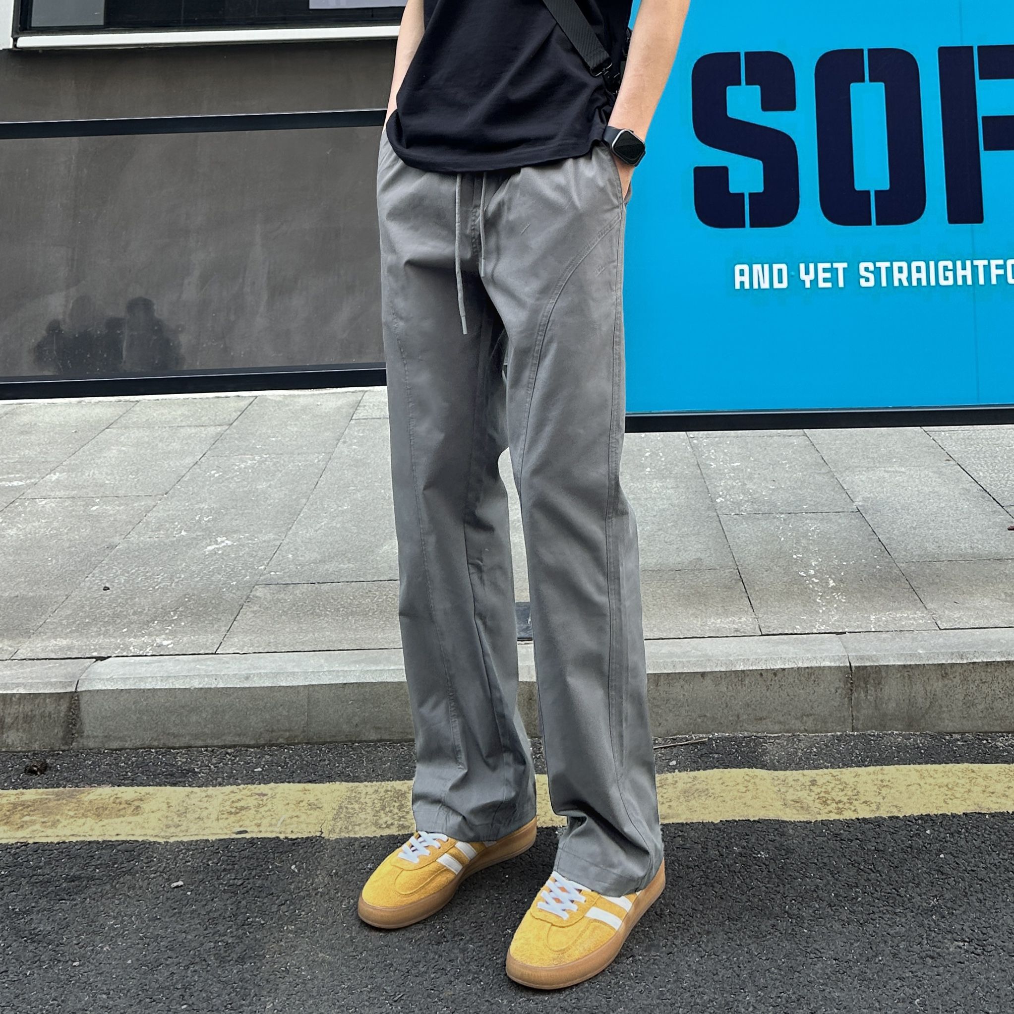 百搭斜切薄款顯高顯瘦涼感直筒休閒褲裝