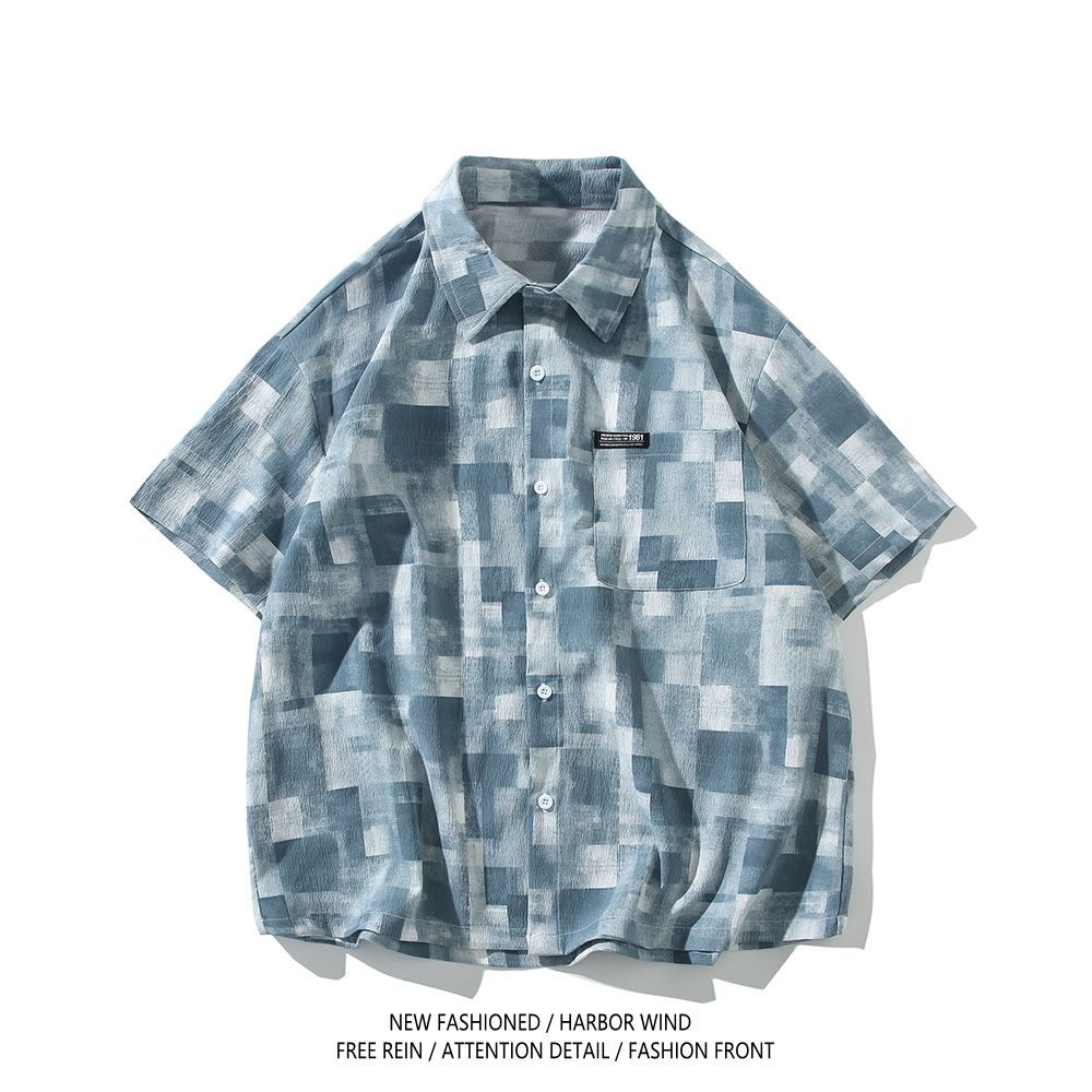 美式復古格子寬鬆薄款痞帥休閑短袖襯衫
