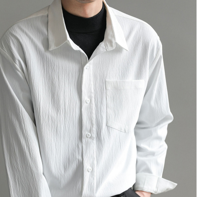 輕熟韓風潮流帥氣寬鬆休閒皺紋垂感長袖襯衫