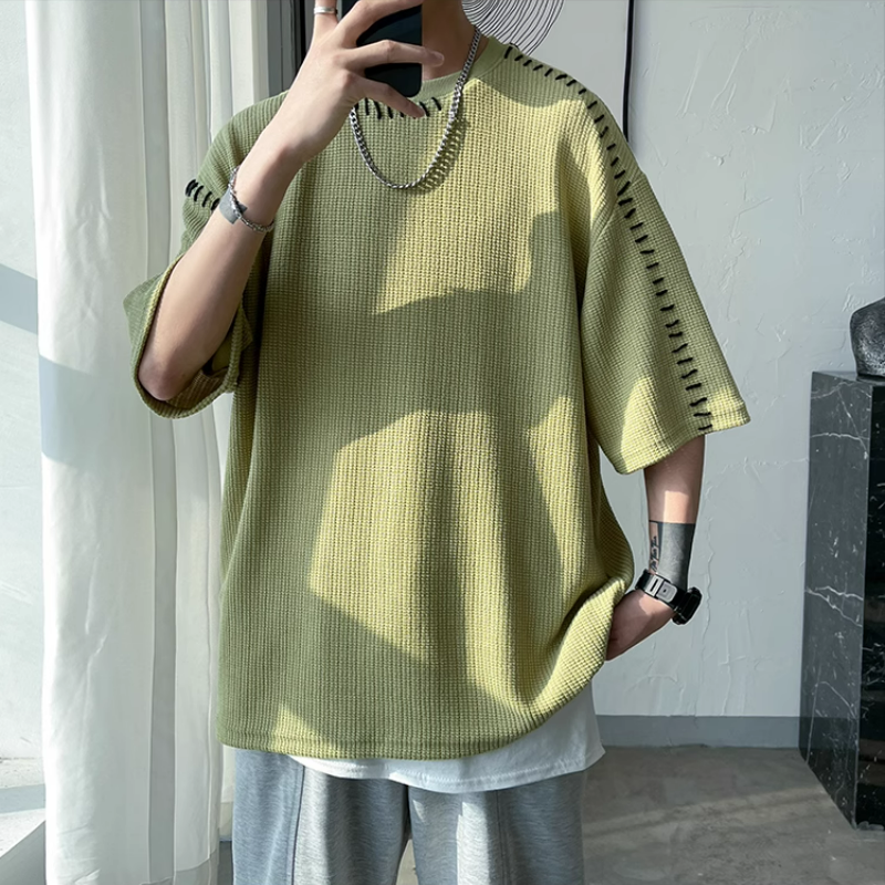 設計感小眾港風帥氣寬鬆休閒圓領五分袖華夫格短袖t恤