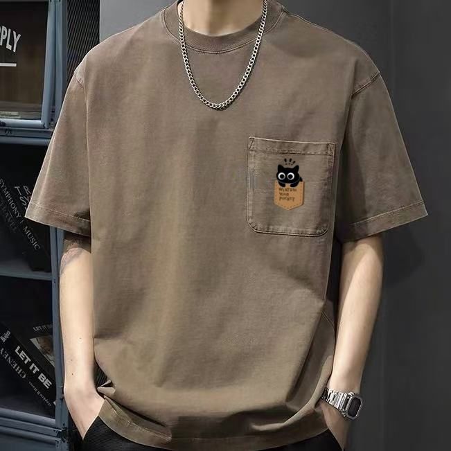 美式復古寬鬆圓領休閒口袋短袖T恤