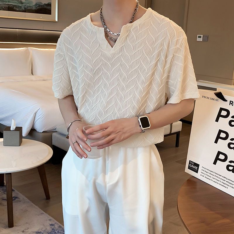法式高街褶皺ins寬鬆慵懶風魚鱗紋V領短袖t恤衫