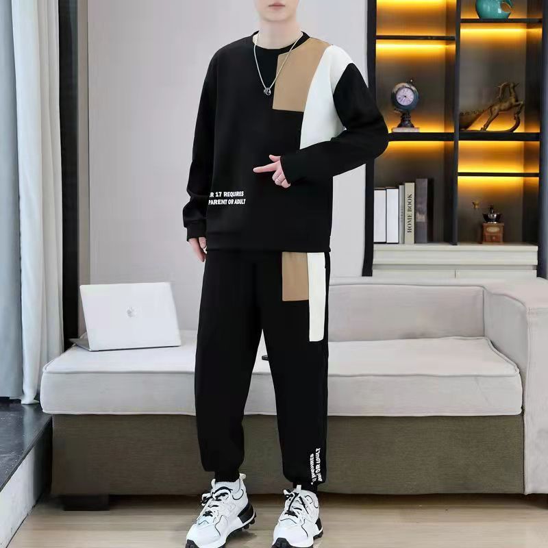 【整套】韓版潮流拼色圓領長袖T恤+寬鬆百搭運動休閒褲兩件套