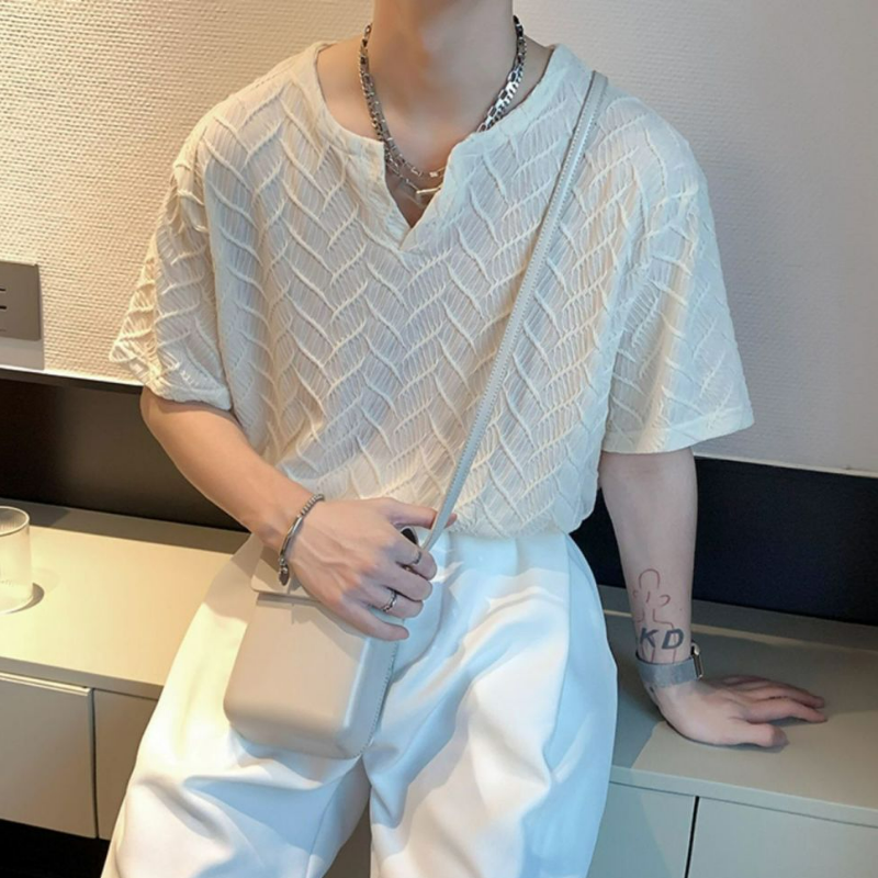 法式高街褶皺ins寬鬆慵懶風魚鱗紋V領短袖t恤衫