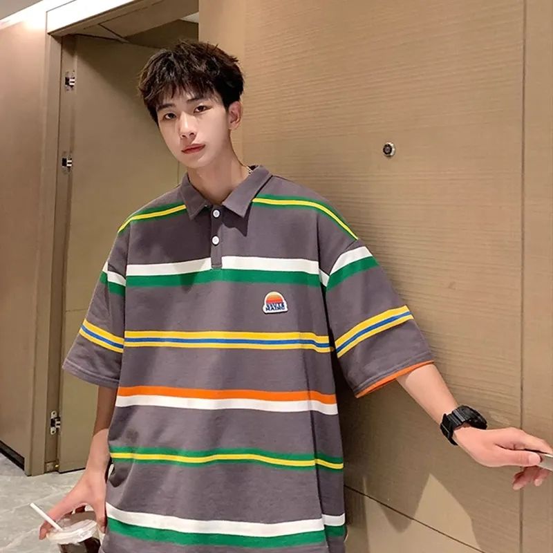 男女寬鬆撞色ins復古條紋polo衫短袖