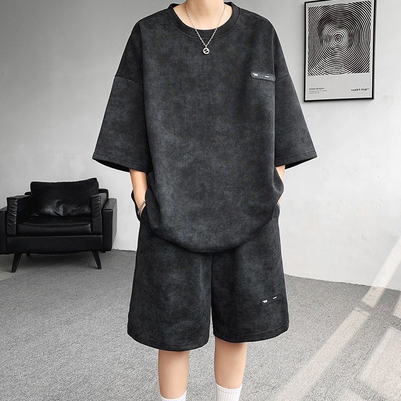 夏季套裝男小眾設計感紮染七分袖t恤短褲潮流酷帥大碼男裝一整套