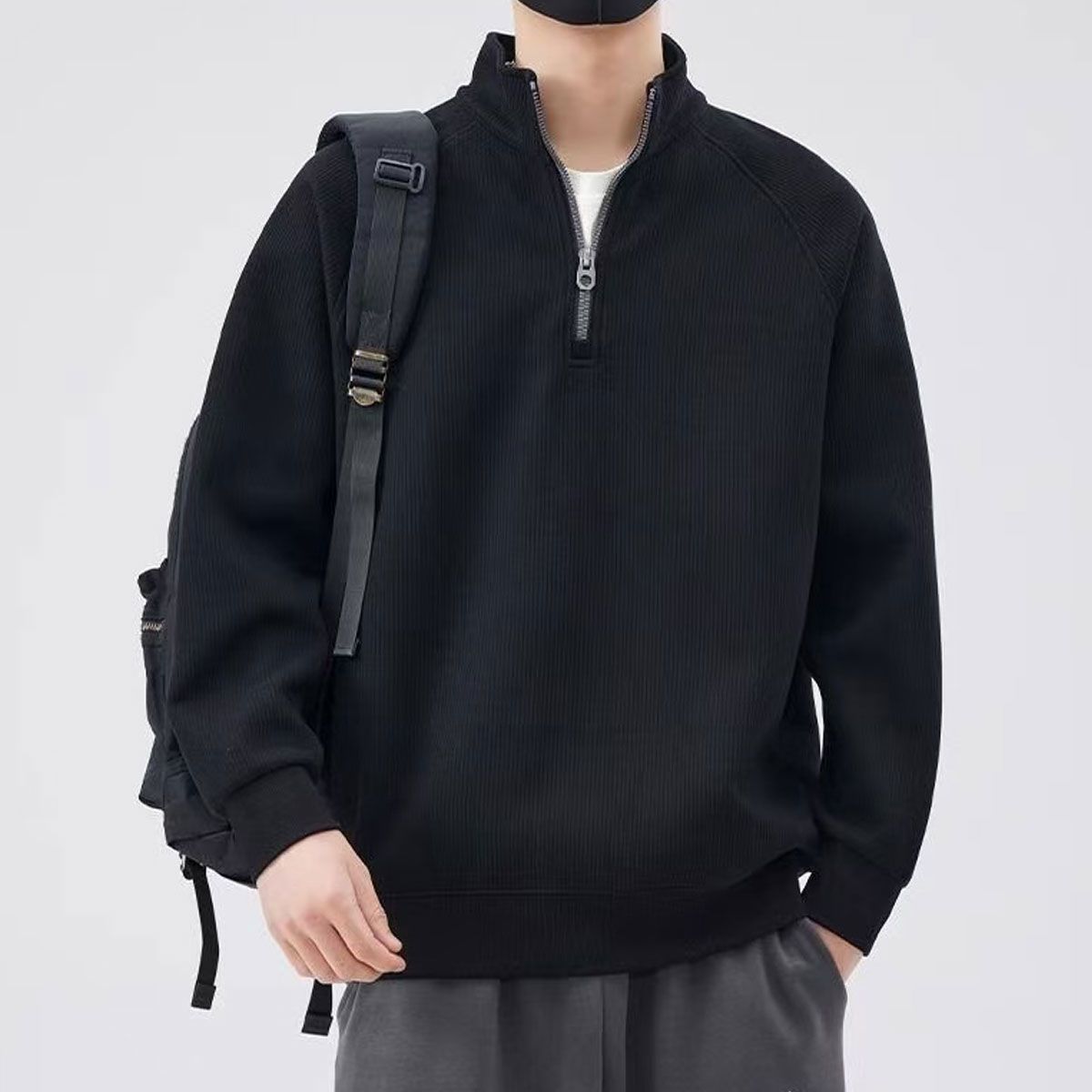 美式寬鬆帥氣百搭打底休閒半拉鍊立領長袖T恤