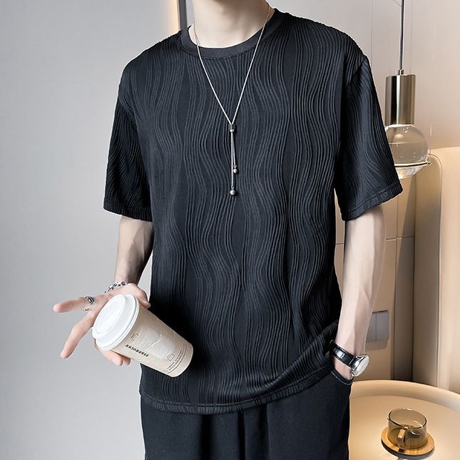 潮流帥氣設計感寬鬆波浪紋薄款短袖T恤