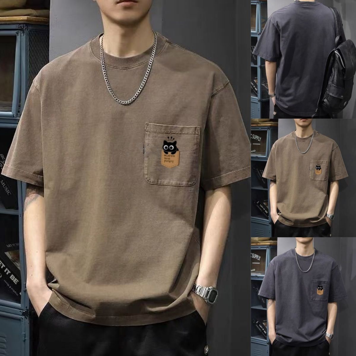 美式復古寬鬆圓領休閒口袋短袖T恤