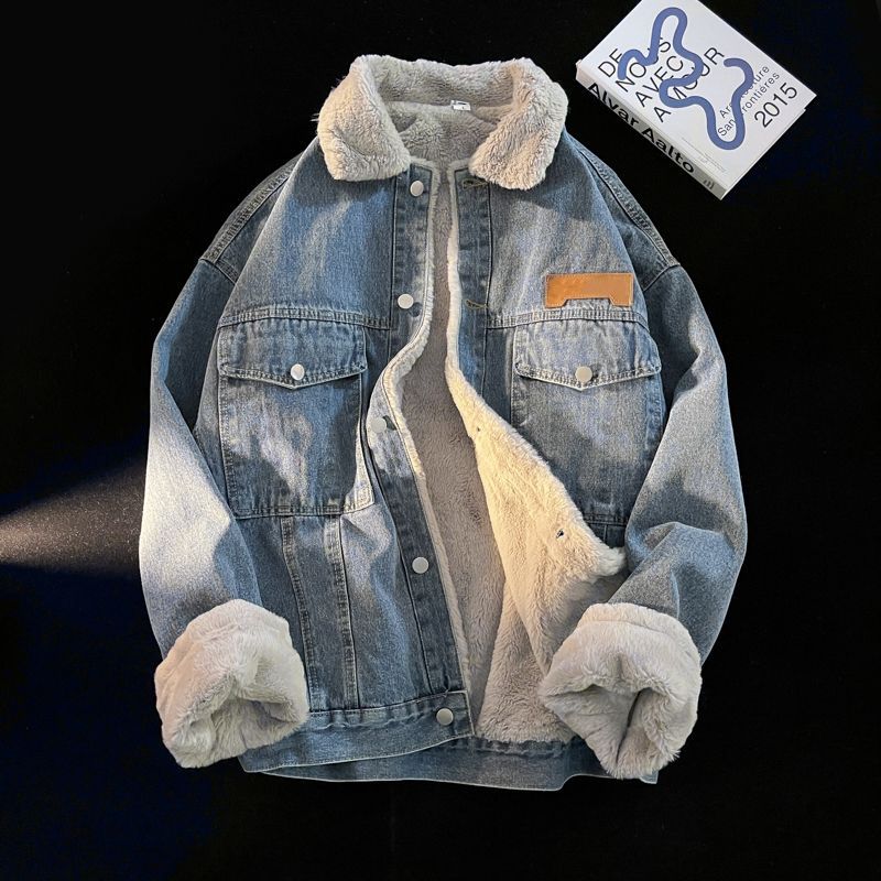美式帥氣潮流刷毛加厚港風羊羔絨牛仔外套