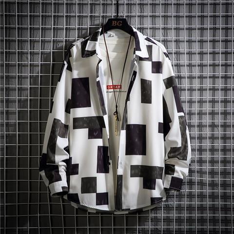 春秋長袖寬鬆大碼痞帥潮流格子襯衫外套