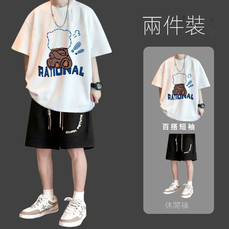 【單件/套裝】休閒百搭潮流寬鬆印花短袖T恤+短褲兩件套裝