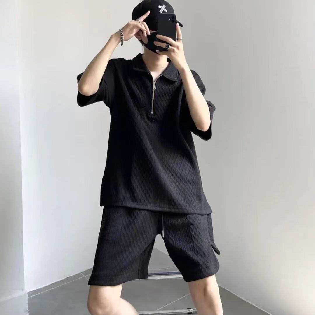 【單件/套裝】高級質感紋理寬鬆翻領短袖+休閒短褲兩件套