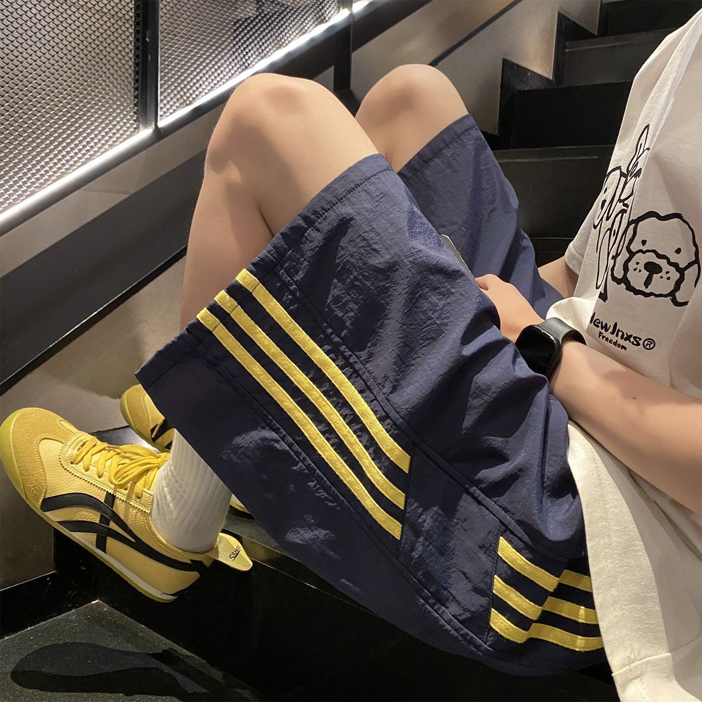 冰絲速乾薄款條紋ins美式工裝運動五分褲