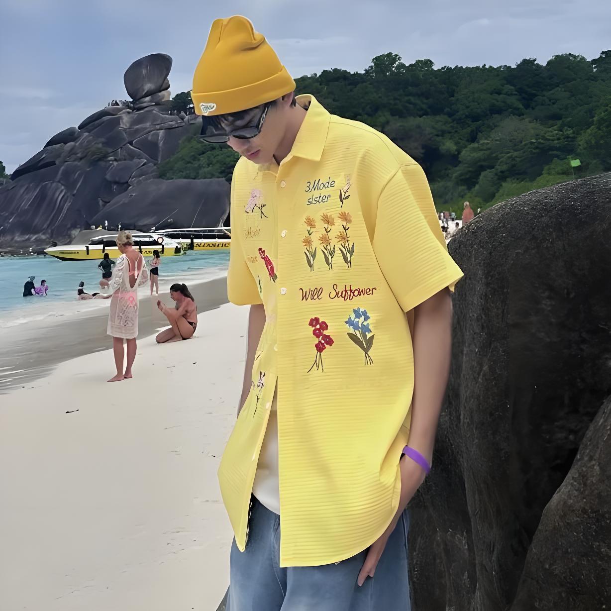 美式復古華夫格寬鬆慵懶風休閒百搭彩色花卉刺繡短袖襯衫