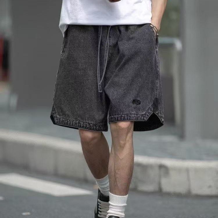 美式復古水洗直筒刺繡休閒五分牛仔短褲