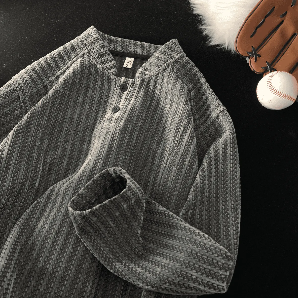 亨利領魚骨紋紐扣黑白條紋拼色打底衫長袖衛衣