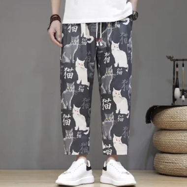 日系復古休閒時尚做舊貓貓印花九分褲裝