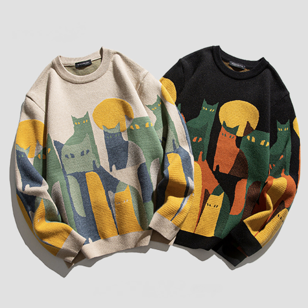 潮流撞色圓領針織動物圖案長袖