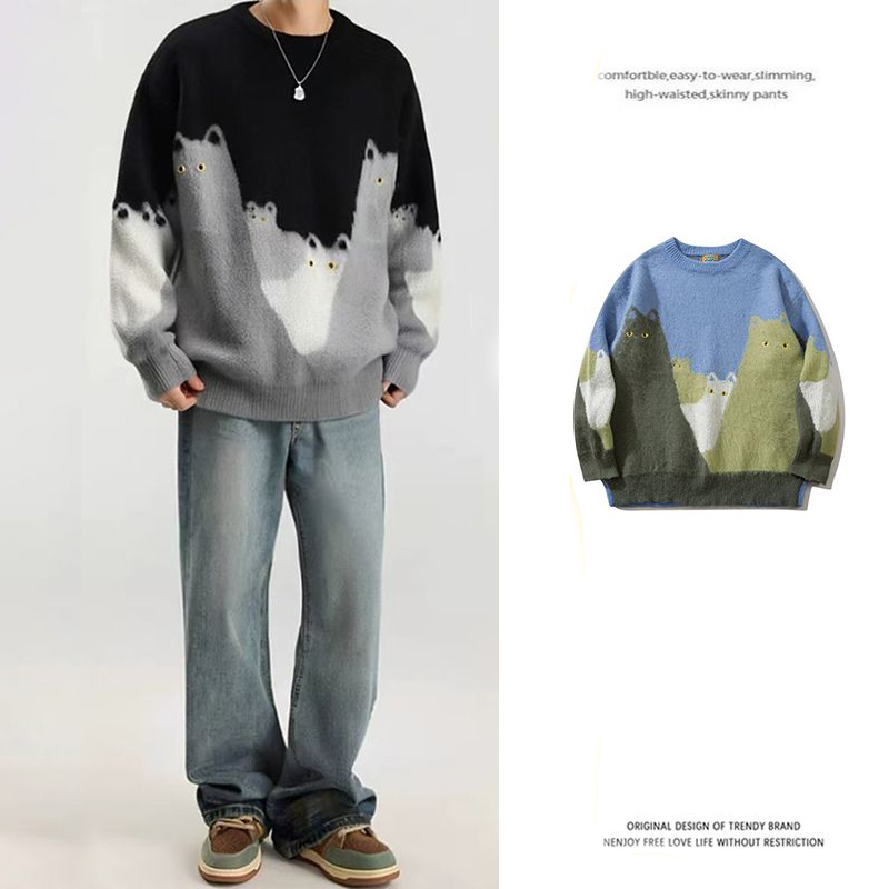 卡通貓咪毛衣提花撞色慵懶百搭情侶針織衫