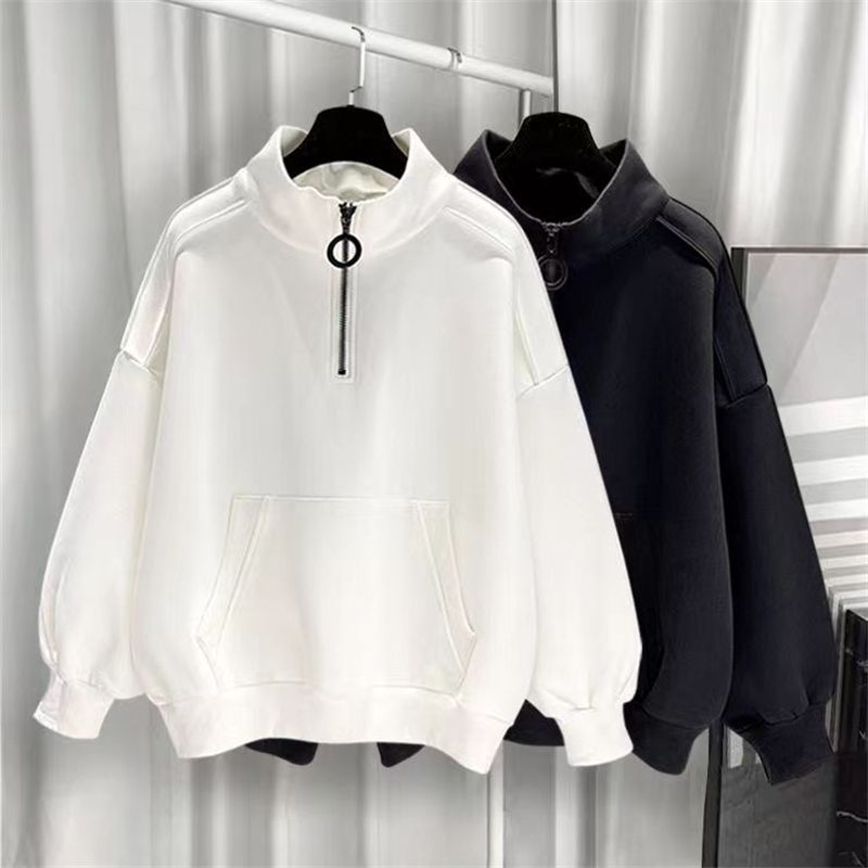 大碼港風百搭寬松運動休閑加絨半高領拉鏈衛衣