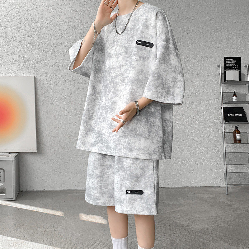 夏季套裝男小眾設計感紮染七分袖t恤短褲潮流酷帥大碼男裝一整套