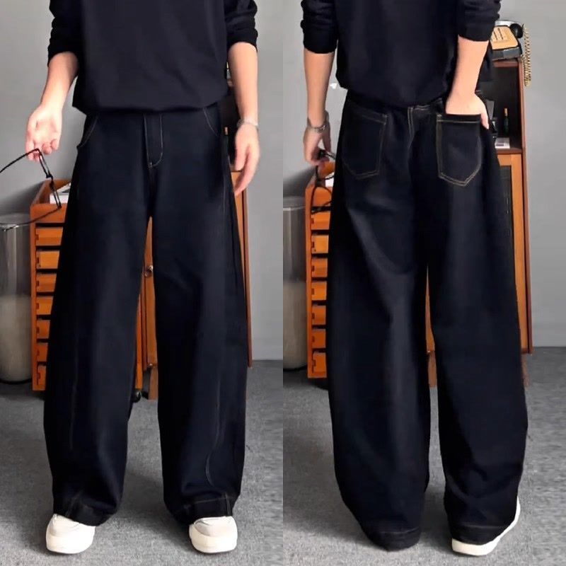 寬版中腰顯瘦百搭大碼闊腿彎刀牛仔褲