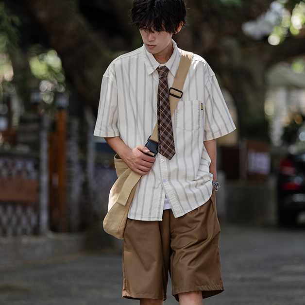 【整套】日系復古條紋五分袖襯衫+領帶+寬松休閑褲三件套