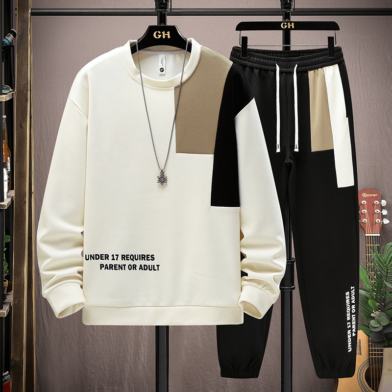 【整套】韓版潮流拼色圓領長袖T恤+寬鬆百搭運動休閒褲兩件套