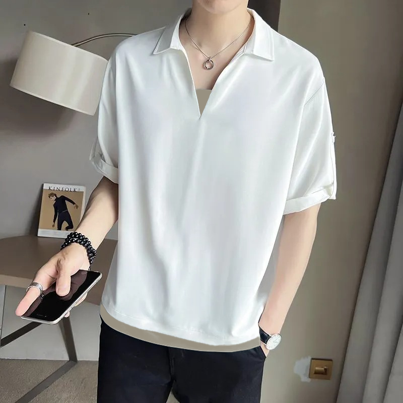 Polo衫冰絲垂感假兩件V領T恤冰感短袖