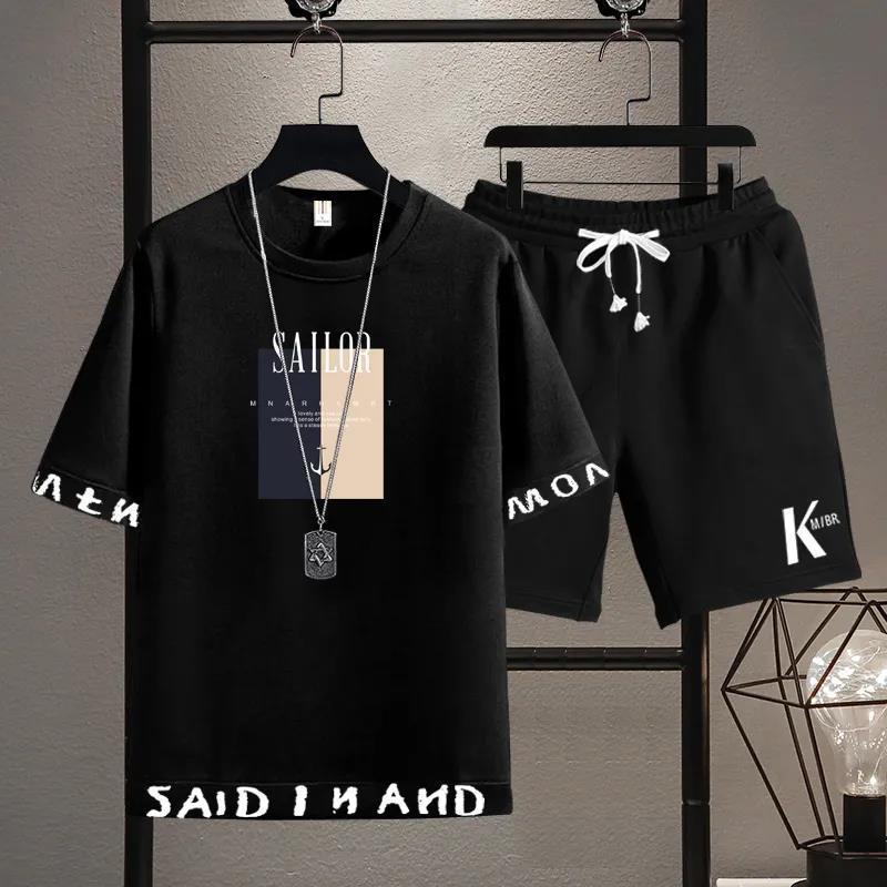 【套裝】韓版運動休閒帥氣短袖T恤+印花系帶短褲褲裝兩件套套裝